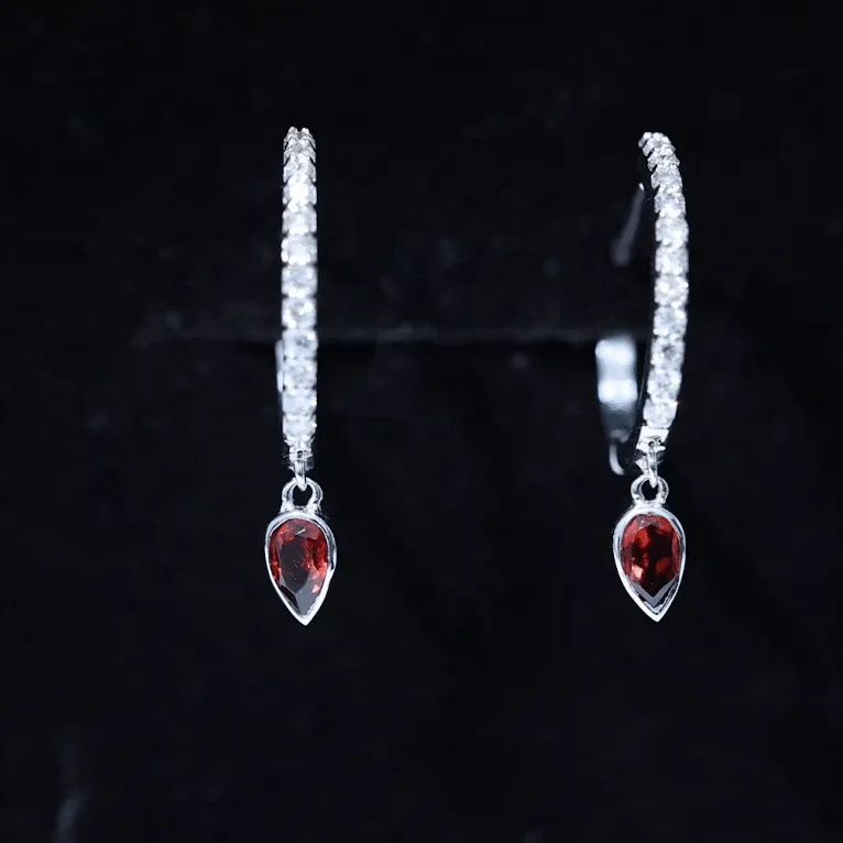 1 CT Minimal Garnet Drop Hinged Hoop Earrings with Diamond Accent