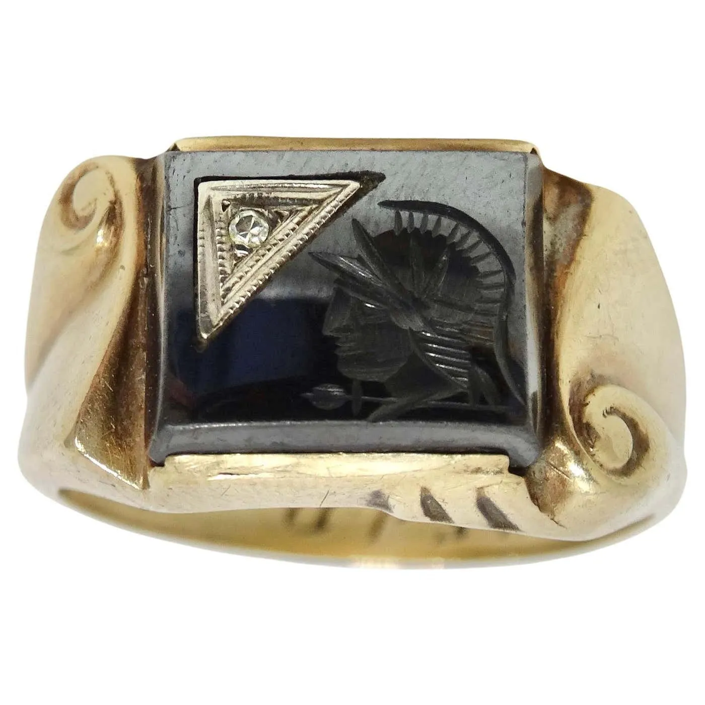 10K Gold 1960s Diamond Onyx Roman Soldier Ring