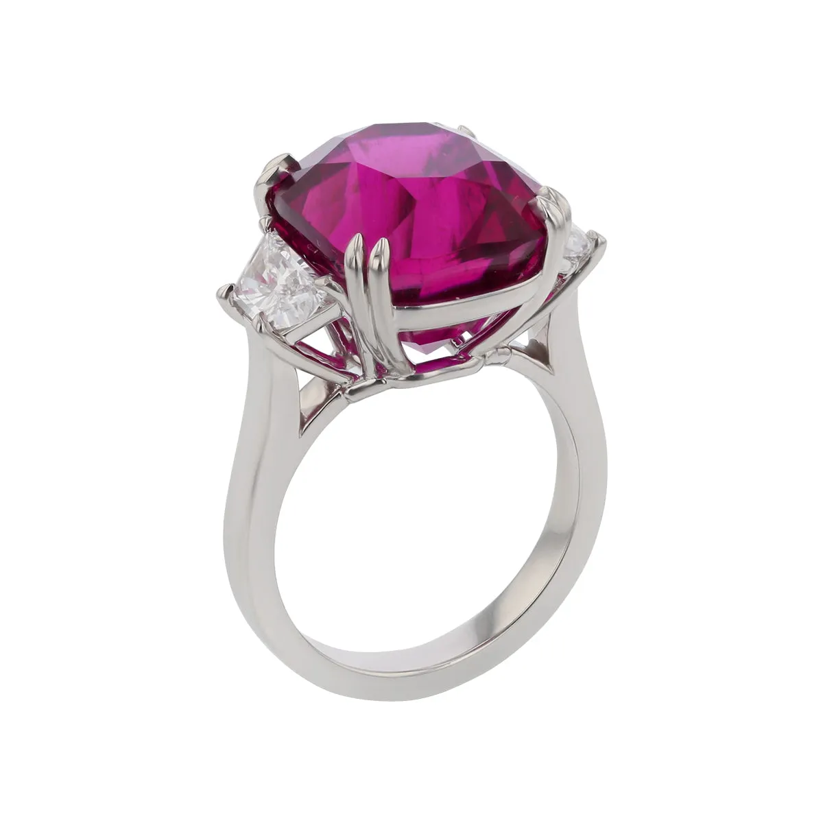 12.73ct Cushion Nigerian Rubellite (N) AGL and 1.01ct Brilliant Trapezoid Diamonds Three Stone Ring in Platinum Size 6.5