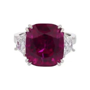 12.73ct Cushion Nigerian Rubellite (N) AGL and 1.01ct Brilliant Trapezoid Diamonds Three Stone Ring in Platinum Size 6.5