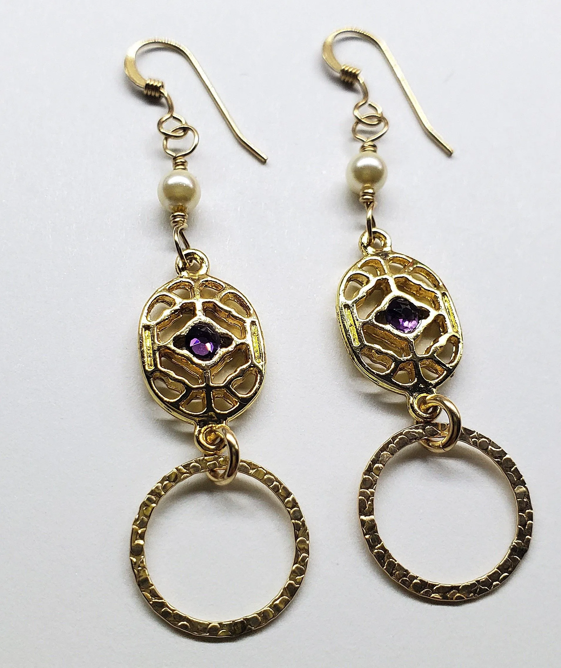 14 K Gold Filled Purple Crystal Hammered Circle Filigree Earrings