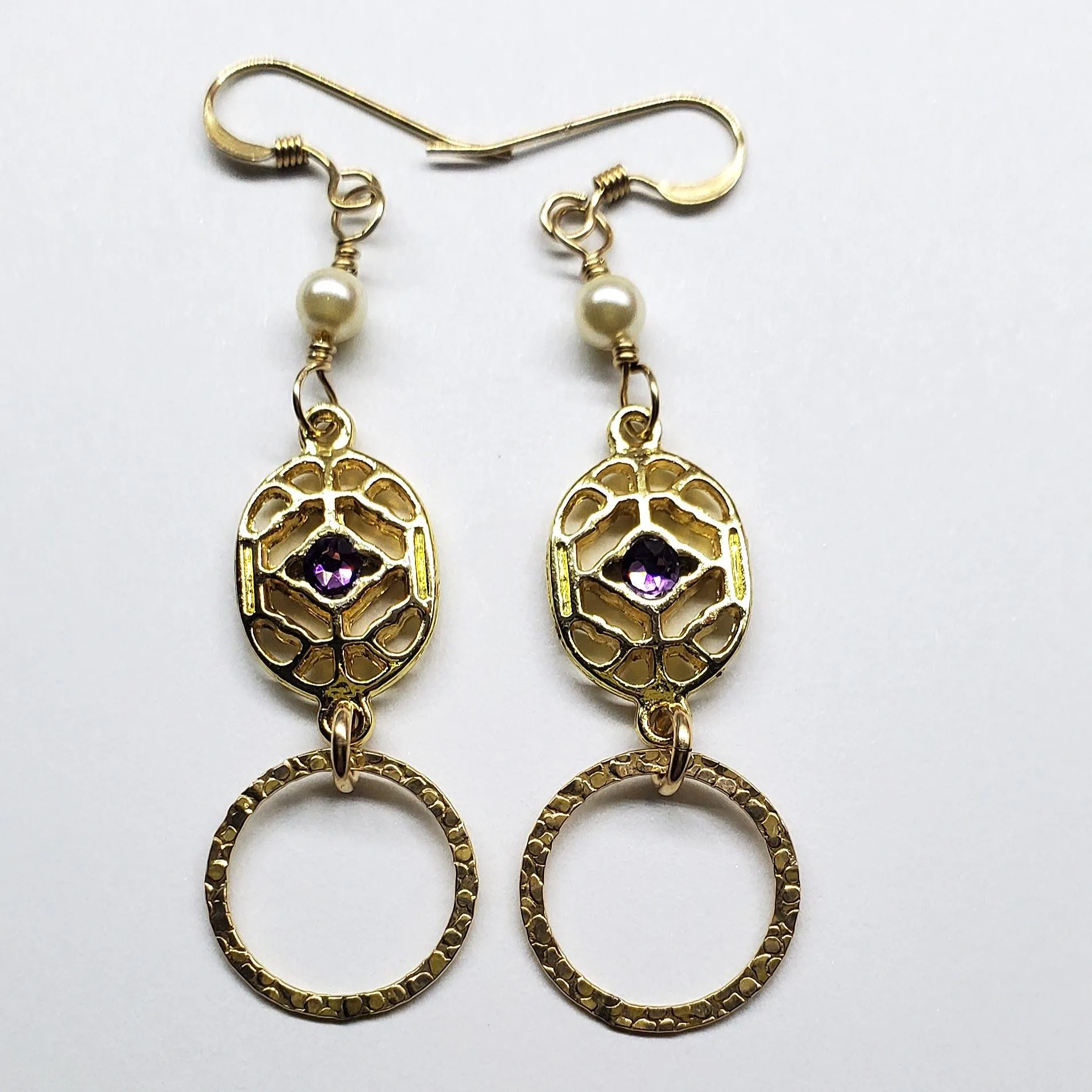 14 K Gold Filled Purple Crystal Hammered Circle Filigree Earrings