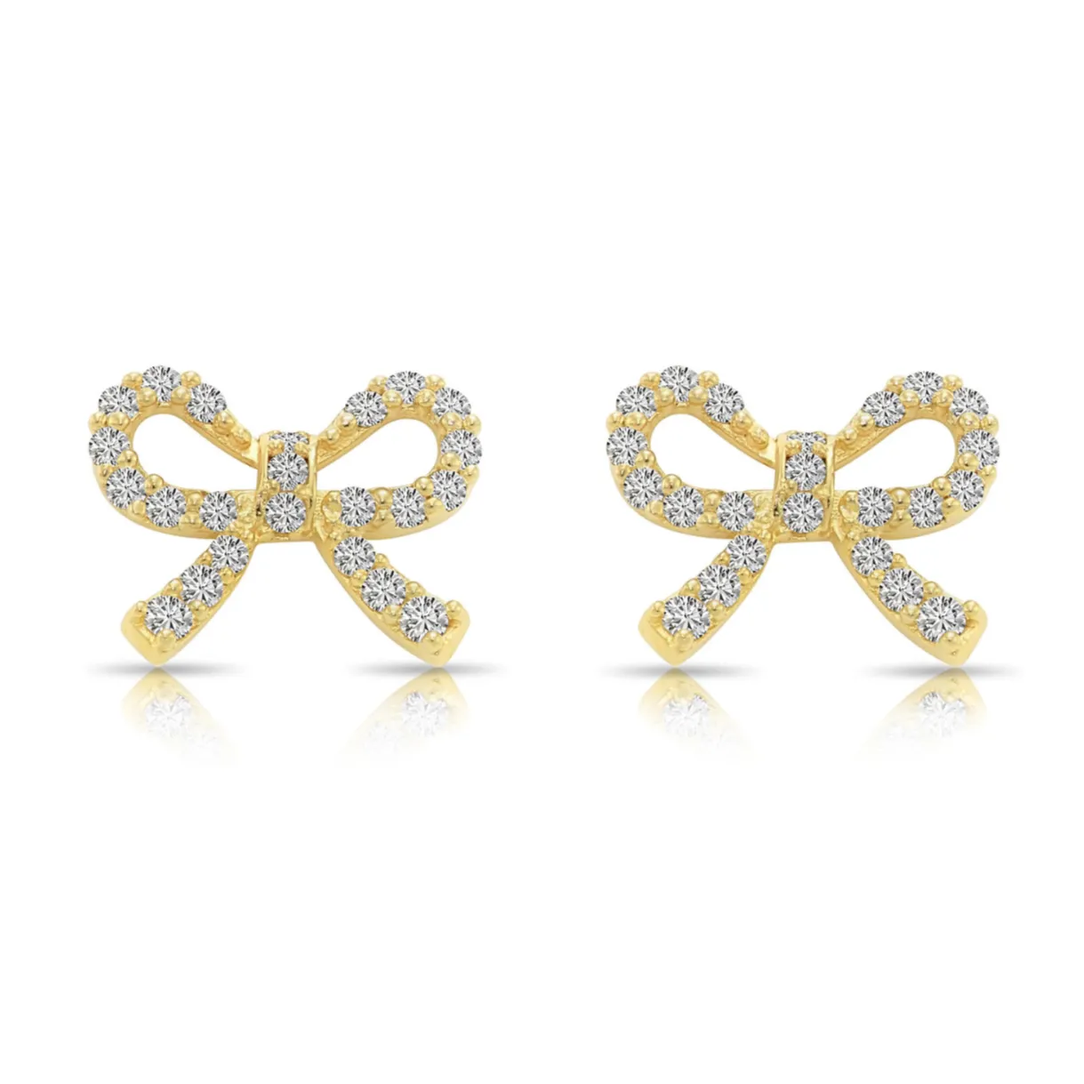 14k Solid Yellow Gold CZ Ribbon Bow Studs, With Screw on Screwbacks