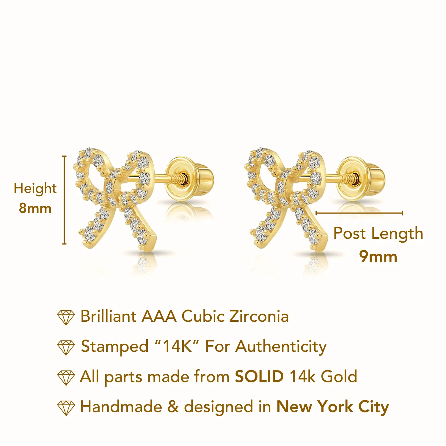 14k Solid Yellow Gold CZ Ribbon Bow Studs, With Screw on Screwbacks