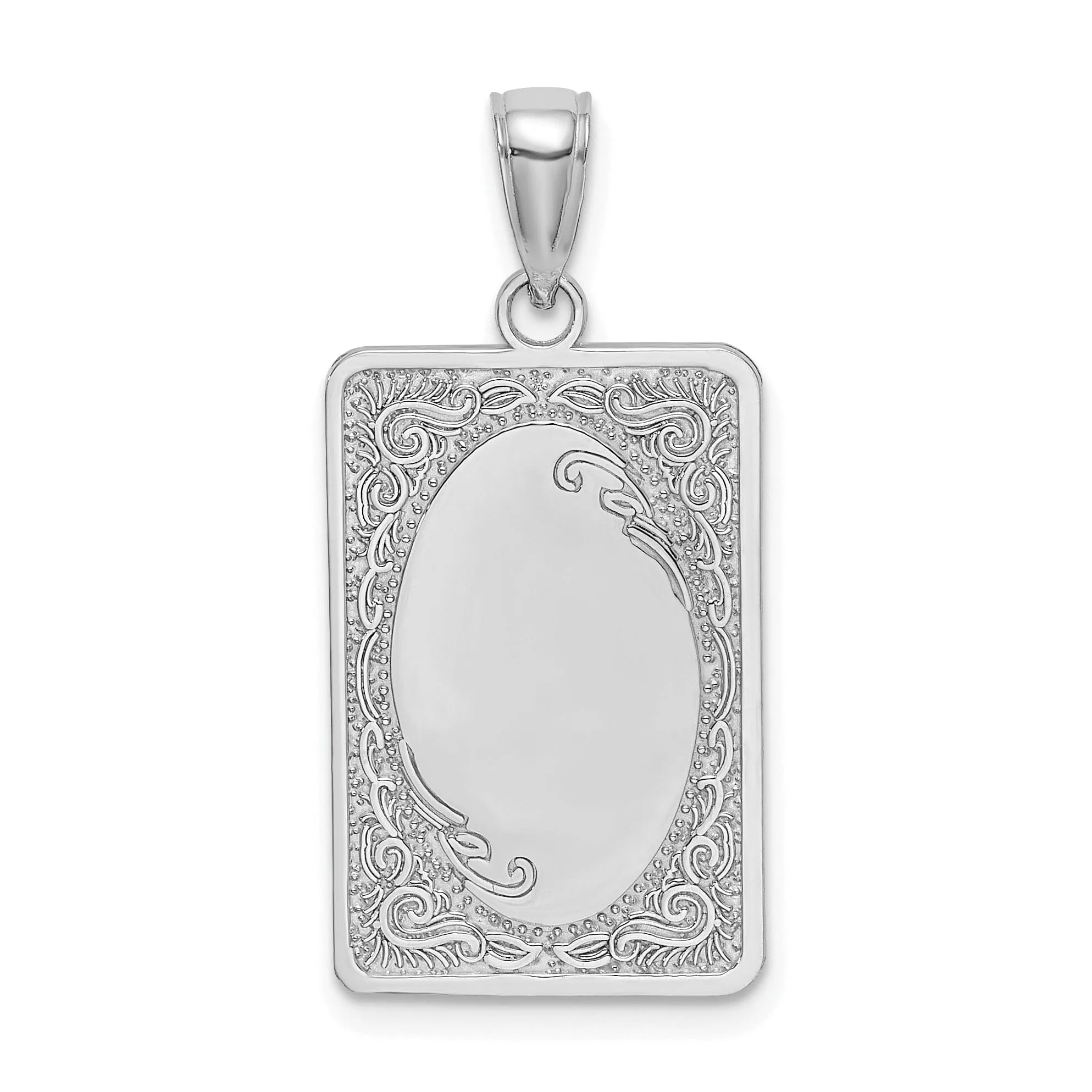 14K White Gold Solid Polished Finish Rectangular Design Engraveable Oval Center Pendant