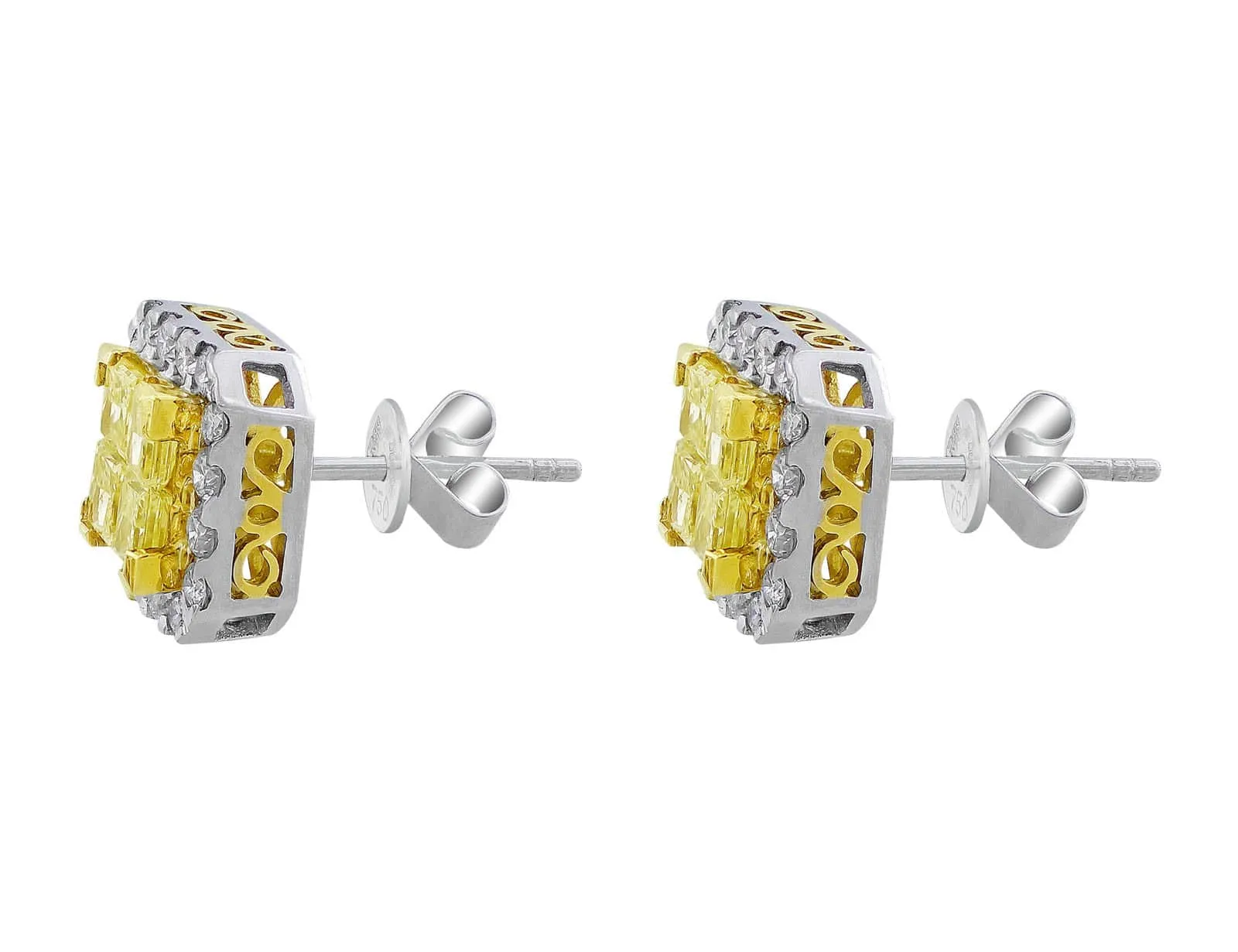 18k White Yellow Gold  Filigree Yellow White Diamond Stud Earrings