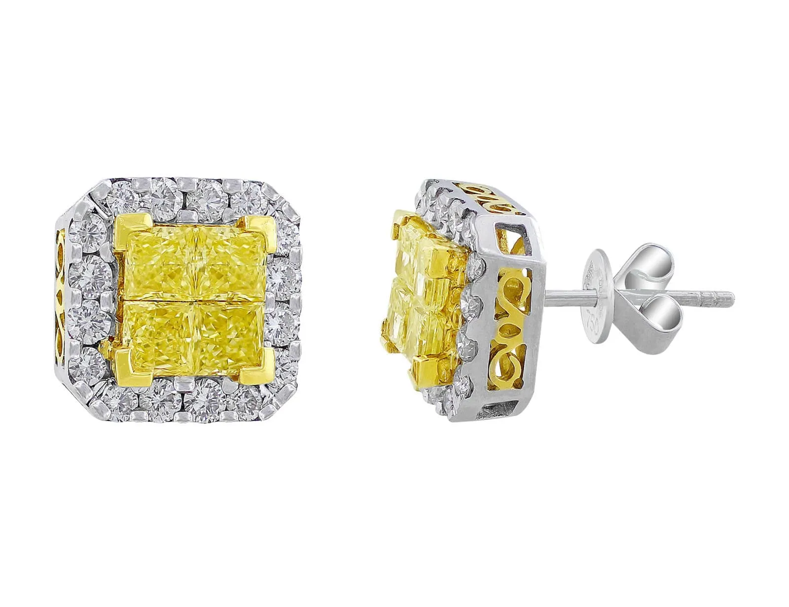 18k White Yellow Gold  Filigree Yellow White Diamond Stud Earrings