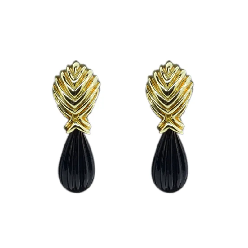 18KT Y/G Carved Onyx Drop Earrings