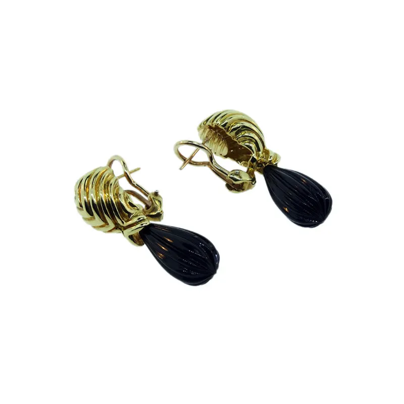 18KT Y/G Carved Onyx Drop Earrings