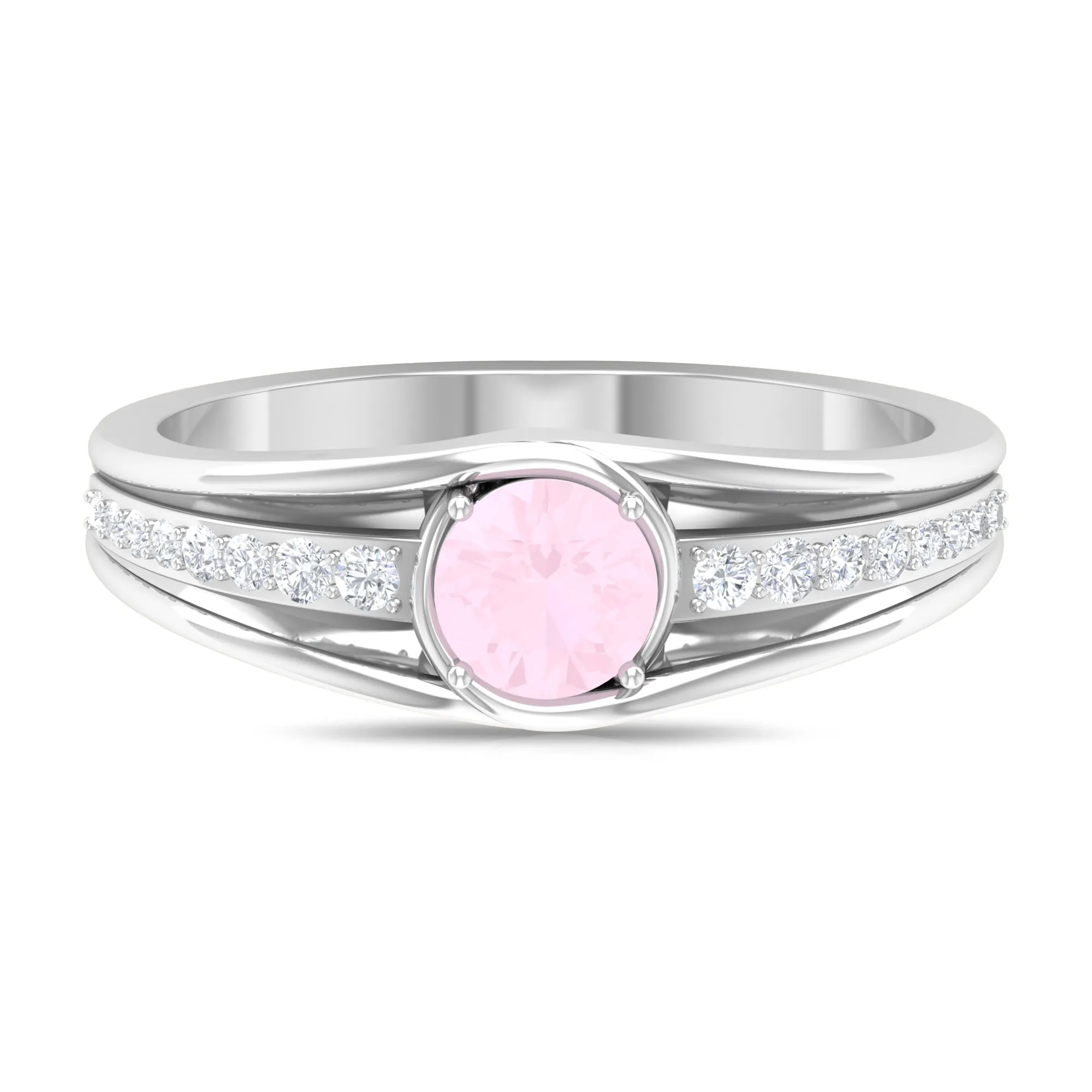 3/4 CT Round Shape Rose Quartz Solitaire Ring with Diamond Side Stones