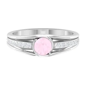 3/4 CT Round Shape Rose Quartz Solitaire Ring with Diamond Side Stones