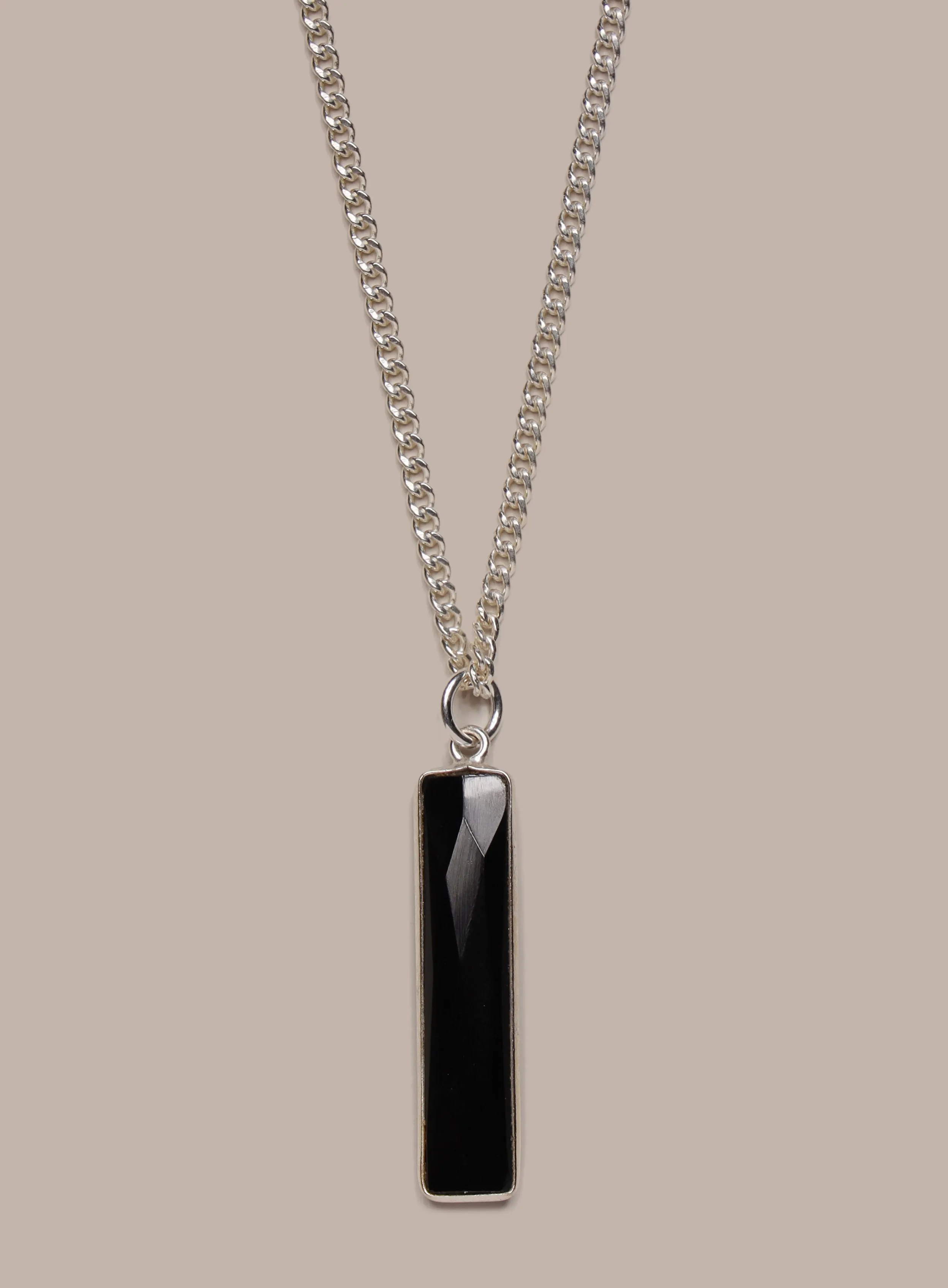 925 Sterling Silver Black Onyx Long Bar Chain Necklace