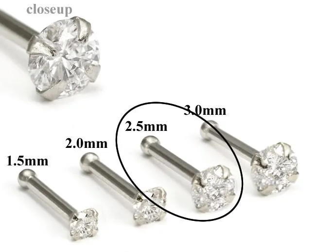 950 Platinum 2.5mm (CZ) STONE Jewel Nose Bone 20g