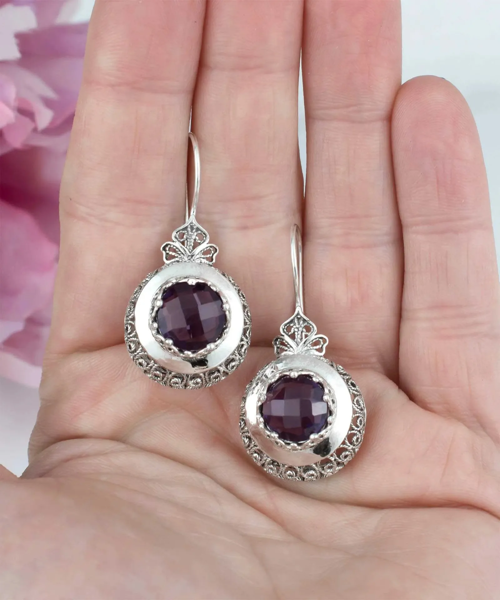 Amethyst Drop Earrings in Sterling Silver - Filigree Art Elegance, Women's Gemstone Earrings, Vintage Style Earrings