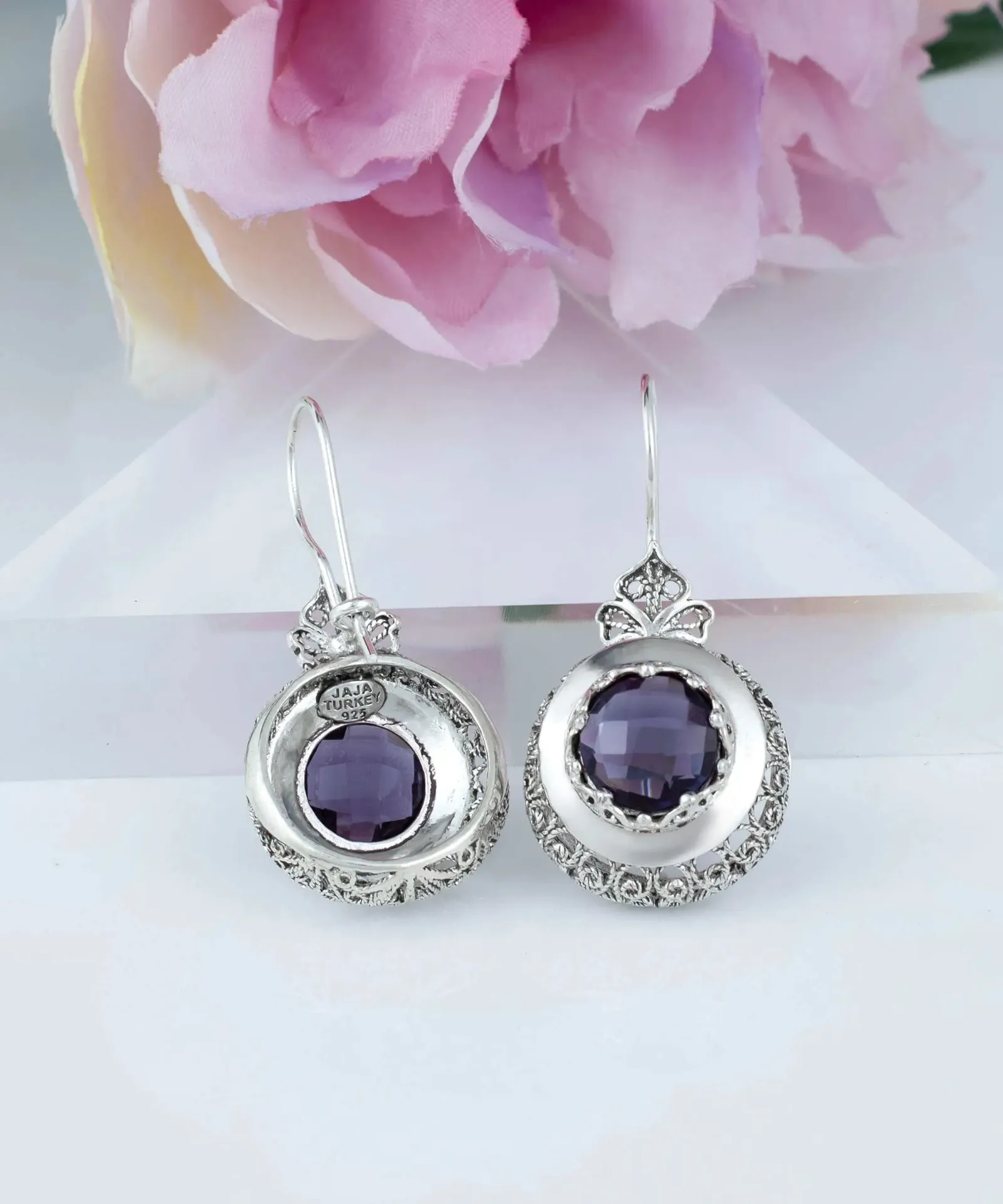 Amethyst Drop Earrings in Sterling Silver - Filigree Art Elegance, Women's Gemstone Earrings, Vintage Style Earrings