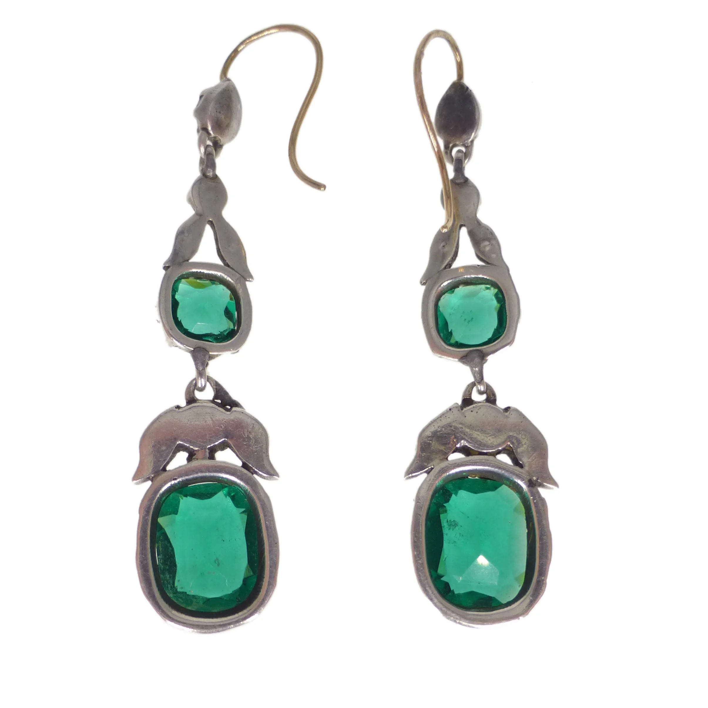 Antique Silver Georgian Inspired Green Paste Drop Earrings