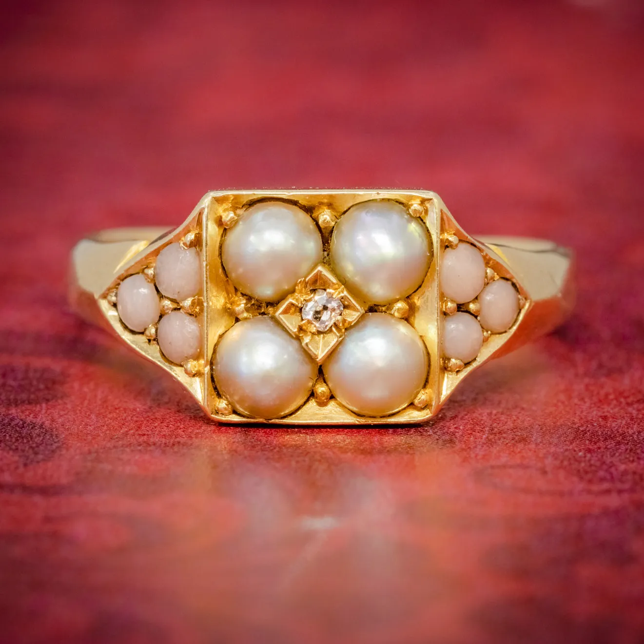 Antique Victorian Pearl Coral Diamond Cluster Ring 18Ct Gold Dated 1872