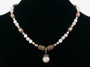 Antiqued Rose quartz and pearl drop choker  (Web-254)