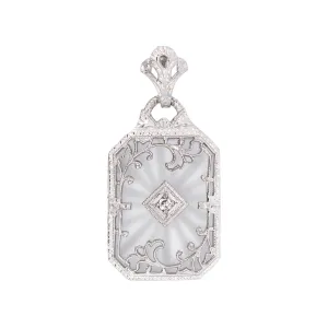 Art Deco 14k White Gold Diamond and Carved Rock Quartz Filigree Pendant