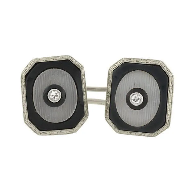 Art Deco 14kt Onyx Rock Quartz & Diamond Cufflinks