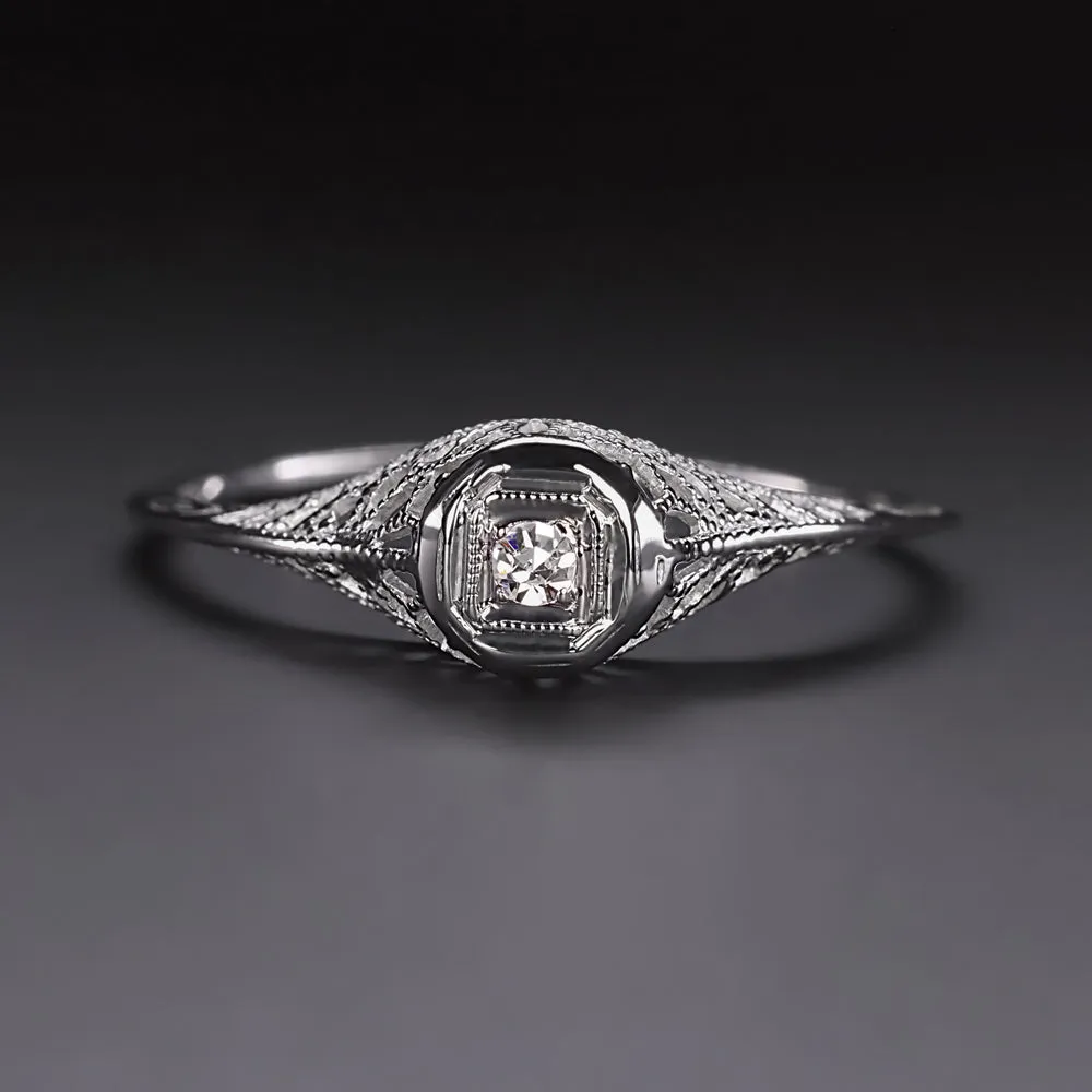 ART DECO DIAMOND SOLITAIRE RING 18K WHITE GOLD FILIGREE VINTAGE PROMISE RING