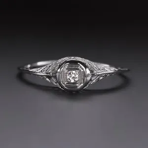 ART DECO DIAMOND SOLITAIRE RING 18K WHITE GOLD FILIGREE VINTAGE PROMISE RING