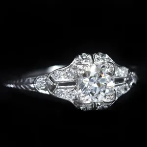 Art Deco Platinum 0.78 Carat Old European Cut Diamond Engagement Ring