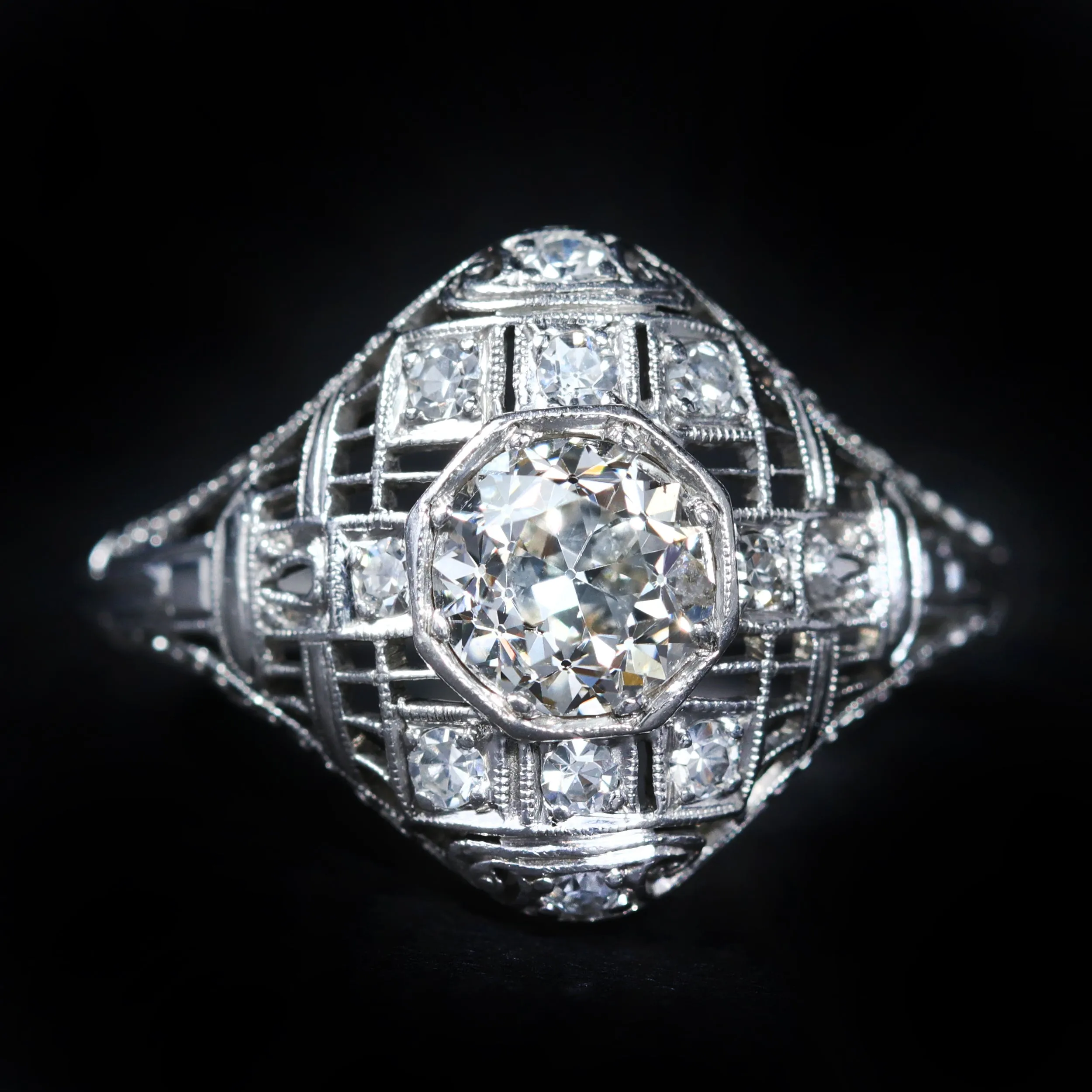 Art Deco Platinum 0.85 Carat Old European Cut Diamond Ring