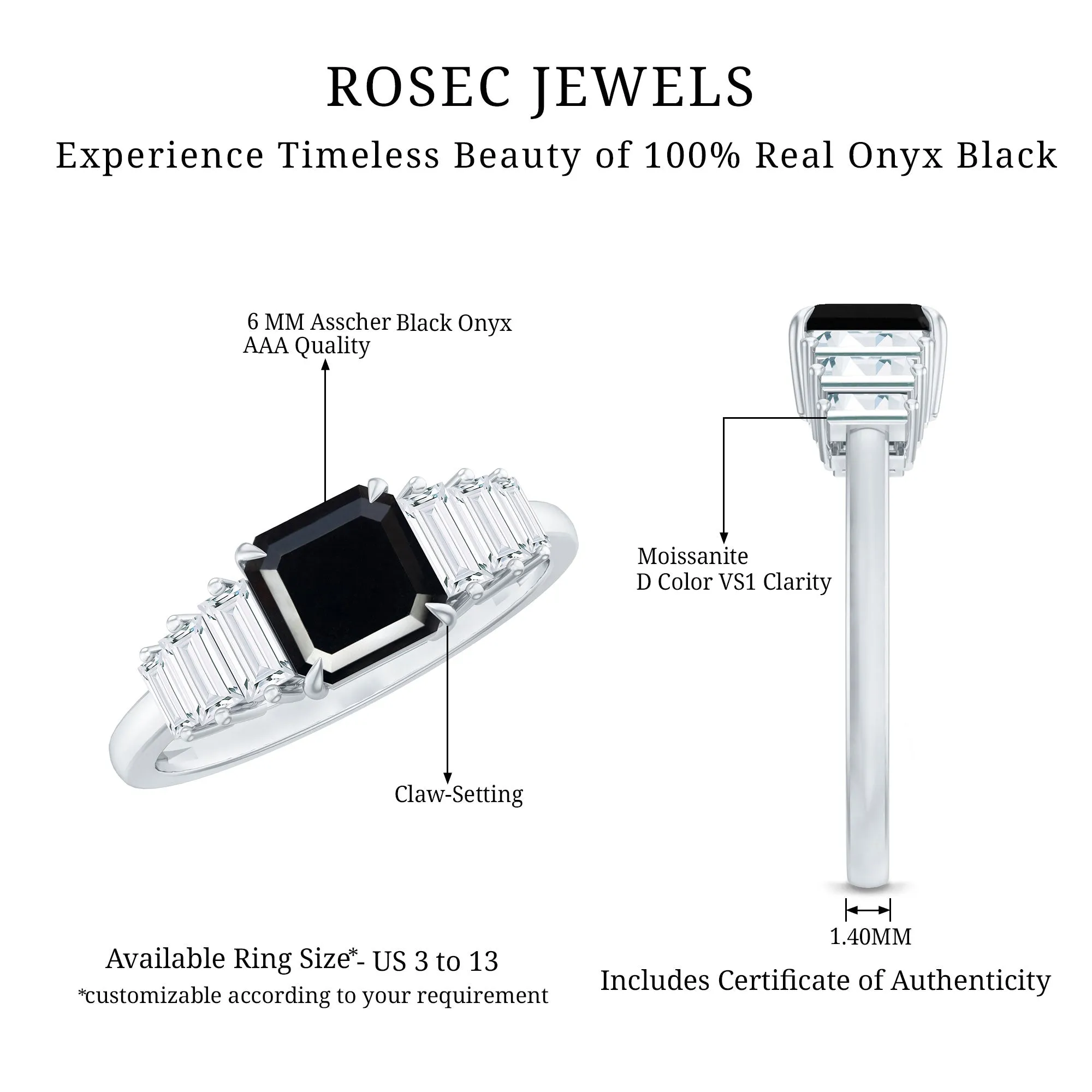 Asscher Black Onyx Engagement Ring with Moissanite