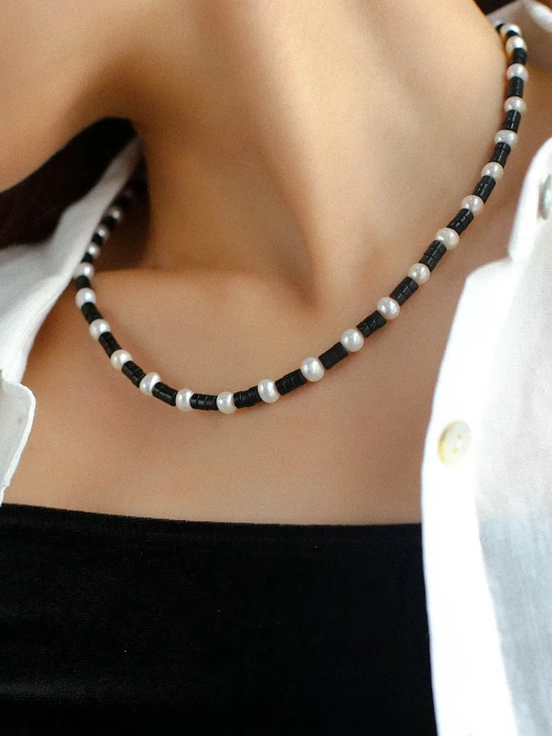 Black Agate Pearl Bead Necklace