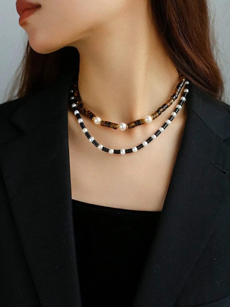 Black Agate Pearl Bead Necklace