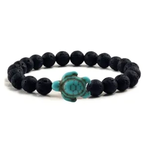 Black Lava Rock Turquoise Sea Turtle Charm Bracelet 7 Inch Adjustable Hypoallergenic