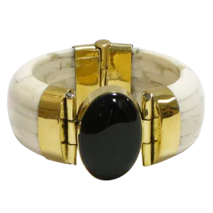 Black Onyx & Gold Clasp Ivory Water Buffalo Bone Wide Cuff