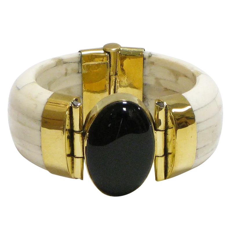 Black Onyx & Gold Clasp Ivory Water Buffalo Bone Wide Cuff