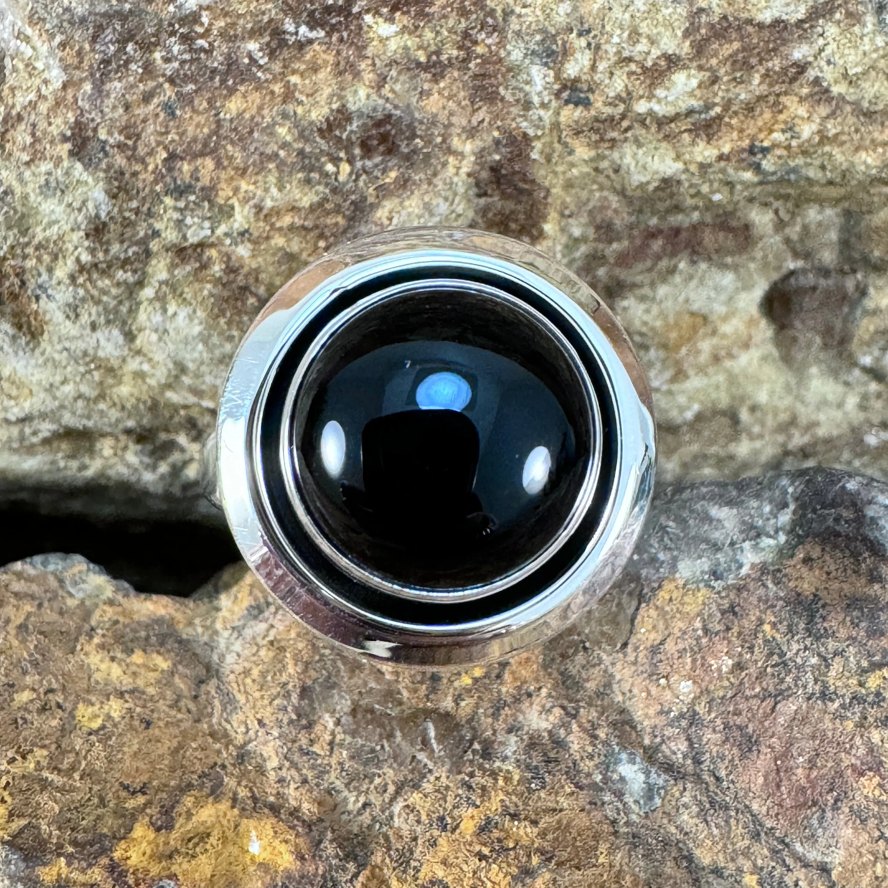 Black Onyx Sterling Silver Shadow Box Ring by Artie Yellowhorse - 12mm