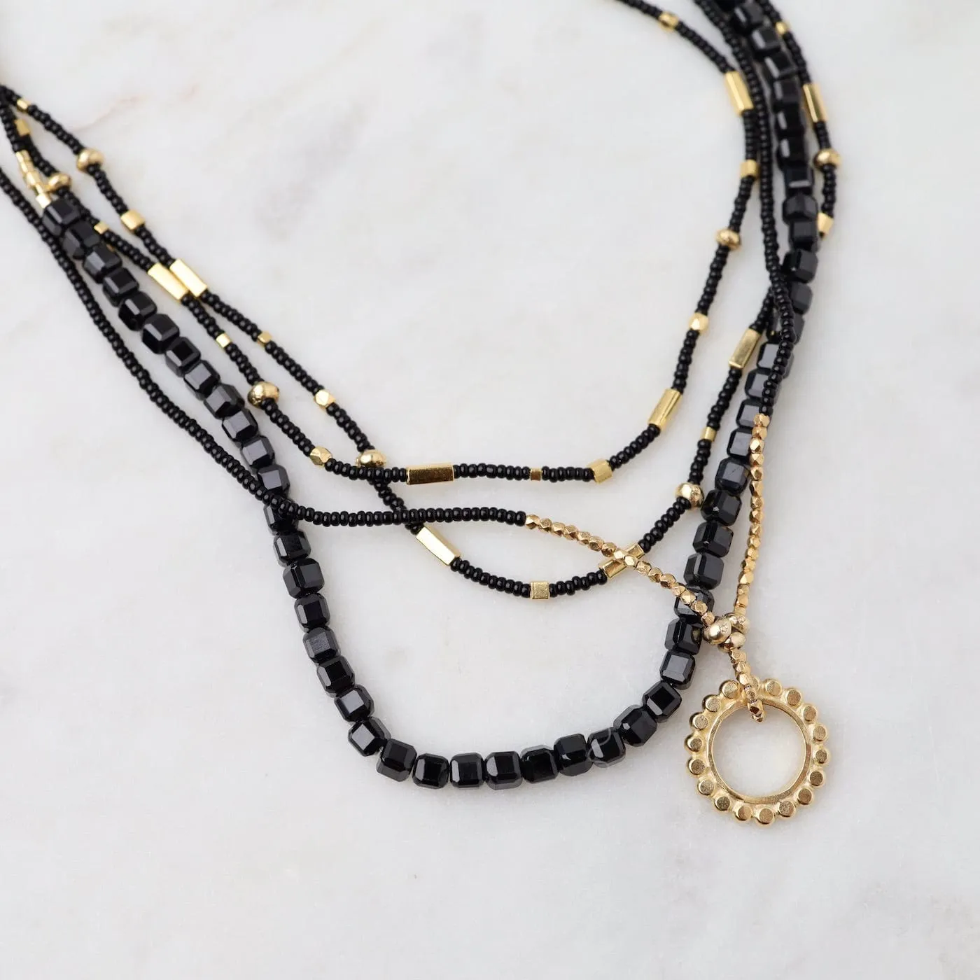 Black Seed Bead & Onyx Cube Necklace