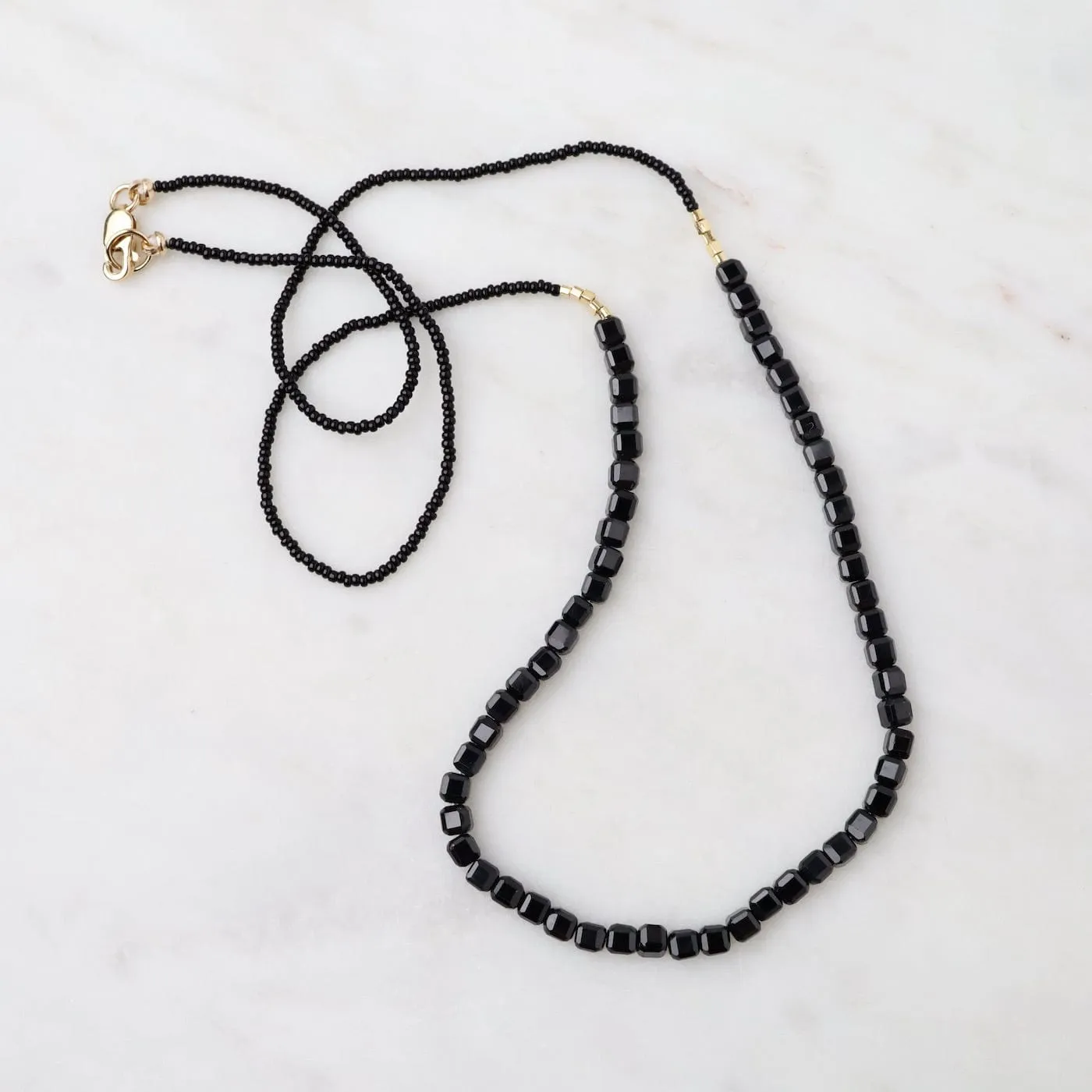 Black Seed Bead & Onyx Cube Necklace