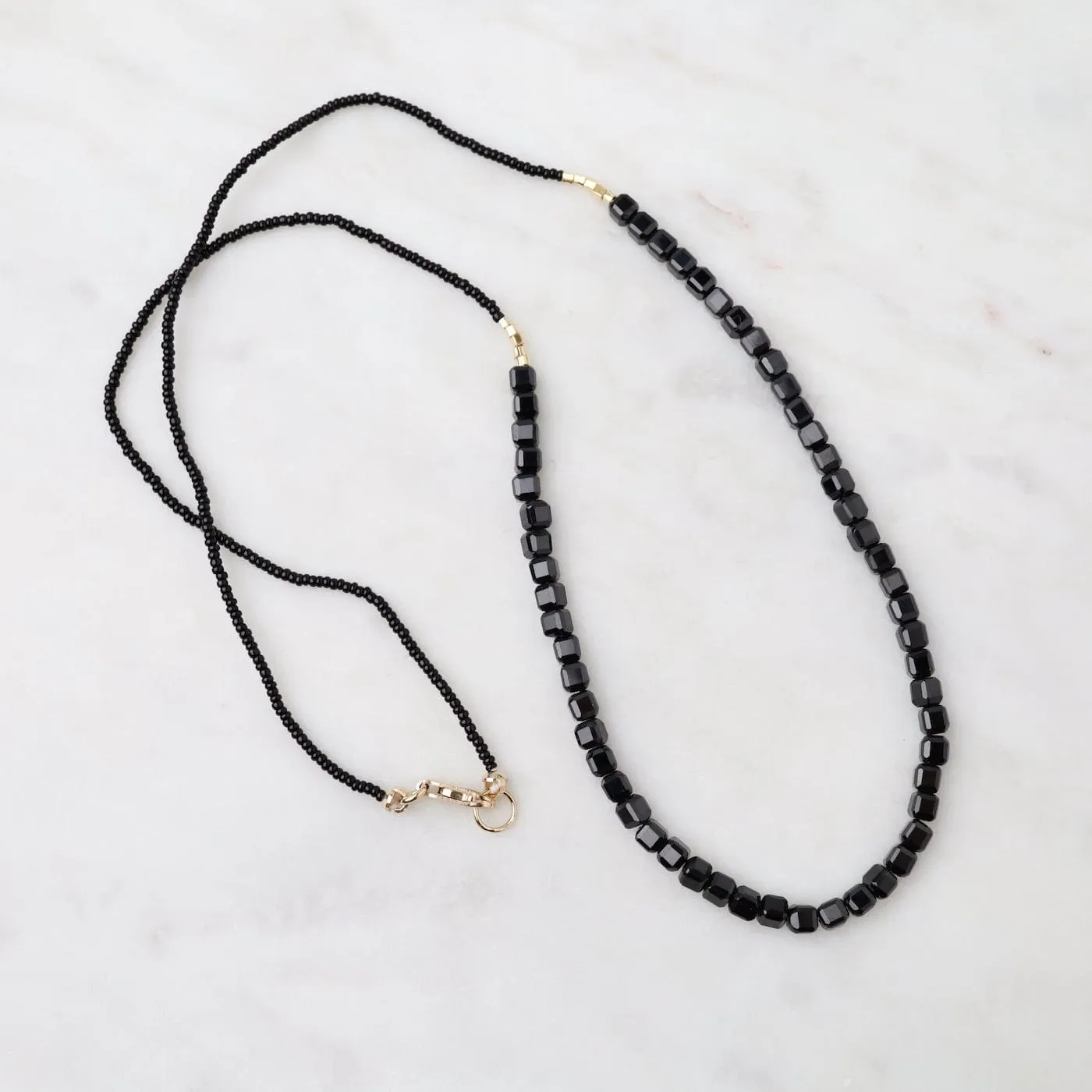 Black Seed Bead & Onyx Cube Necklace