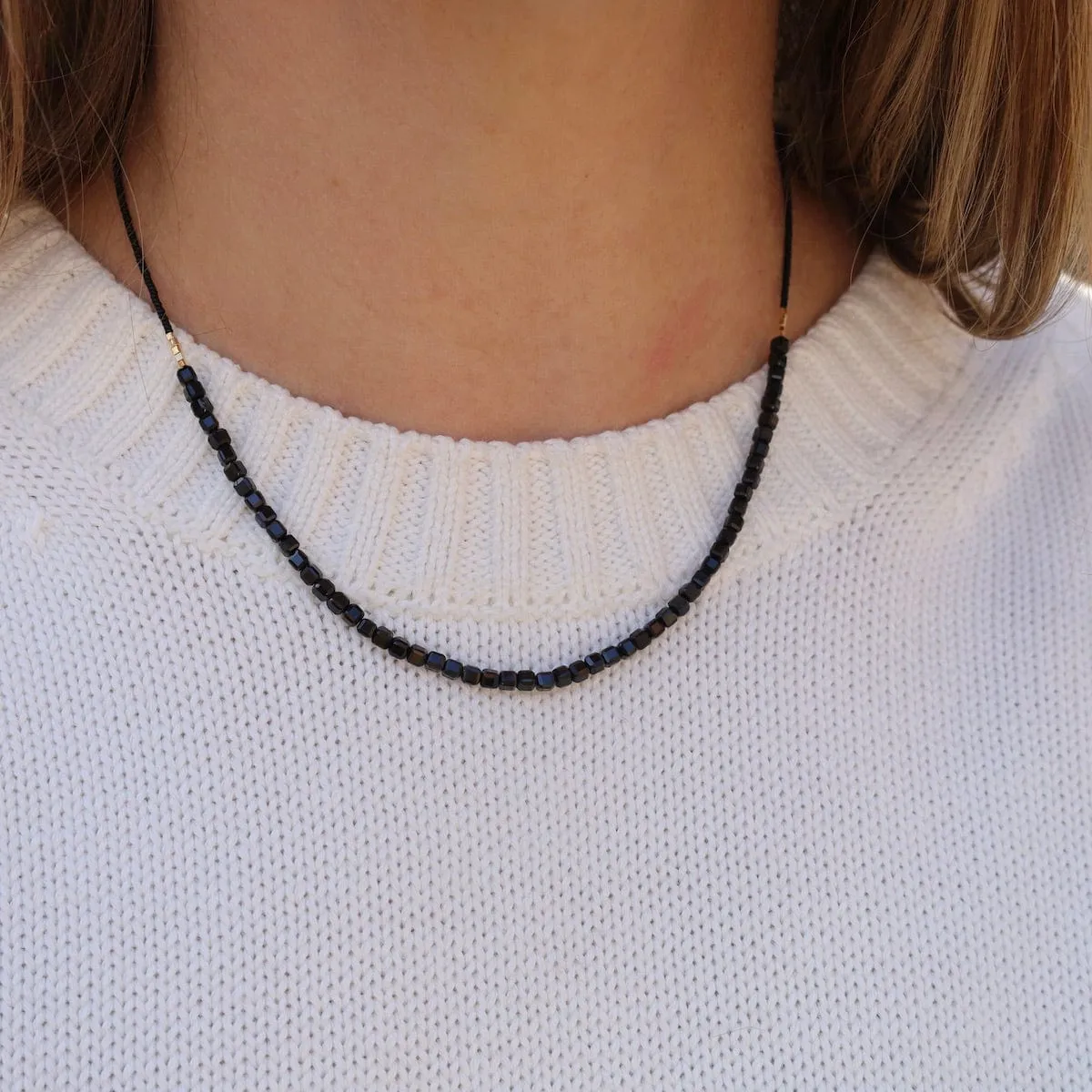 Black Seed Bead & Onyx Cube Necklace