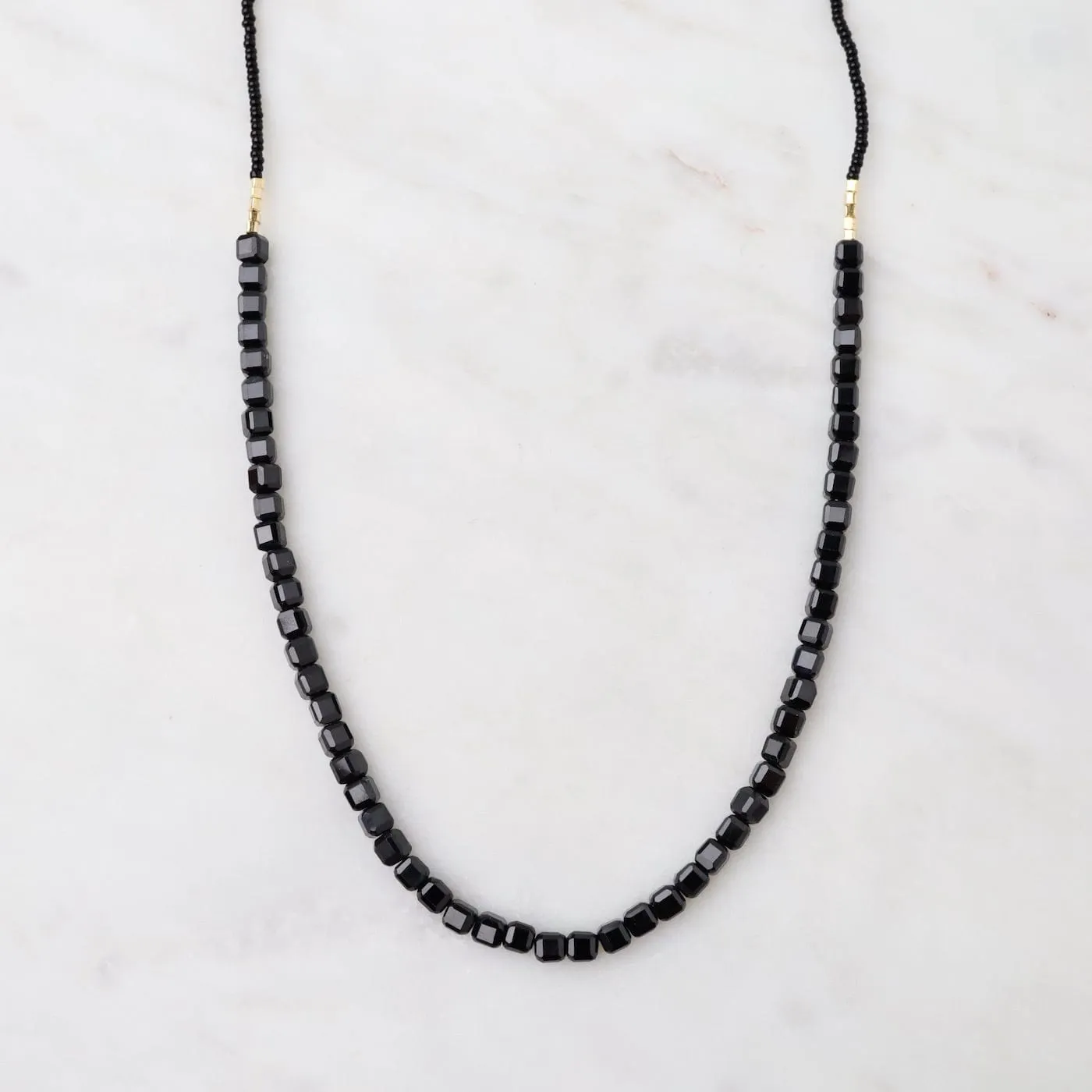 Black Seed Bead & Onyx Cube Necklace