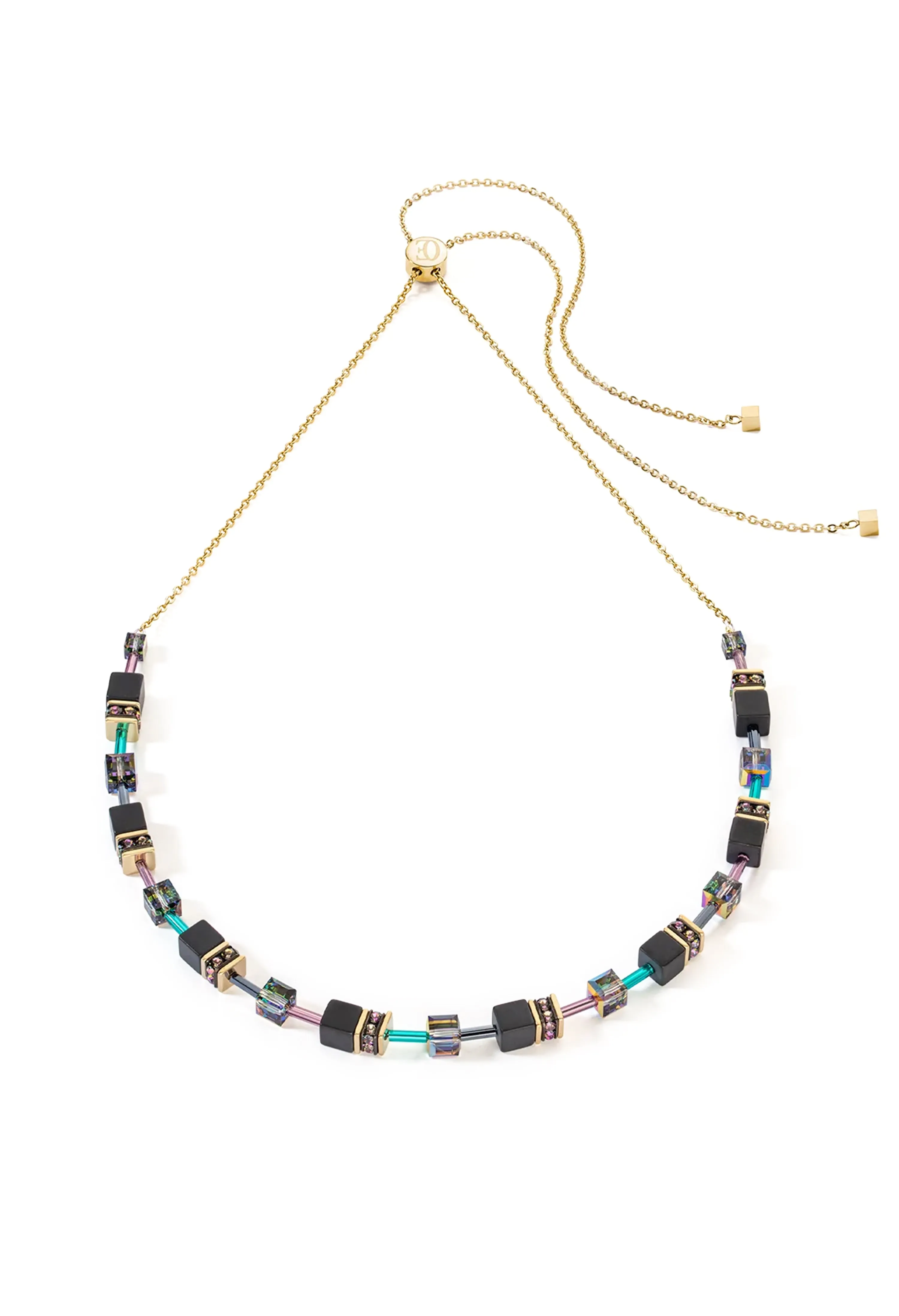 Coeur De Lion GeoCube Irredescent & Onyx Necklace Gold Plated *