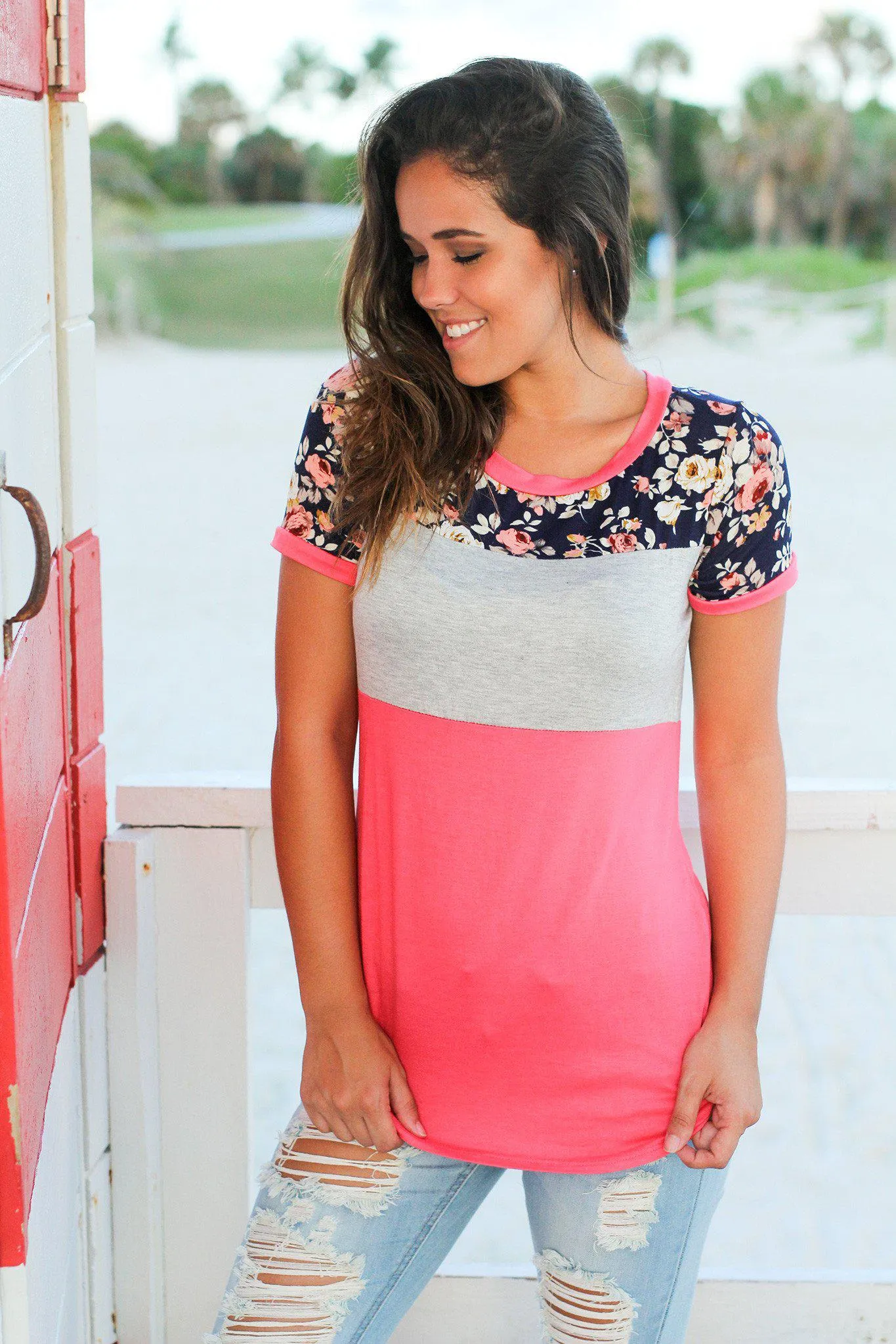 Coral and Navy Floral Top