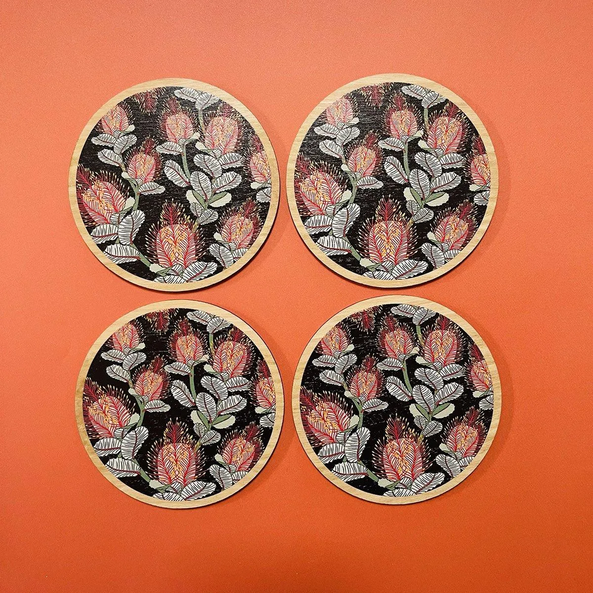 Coral Banksias Australian Wooden Coaster Set