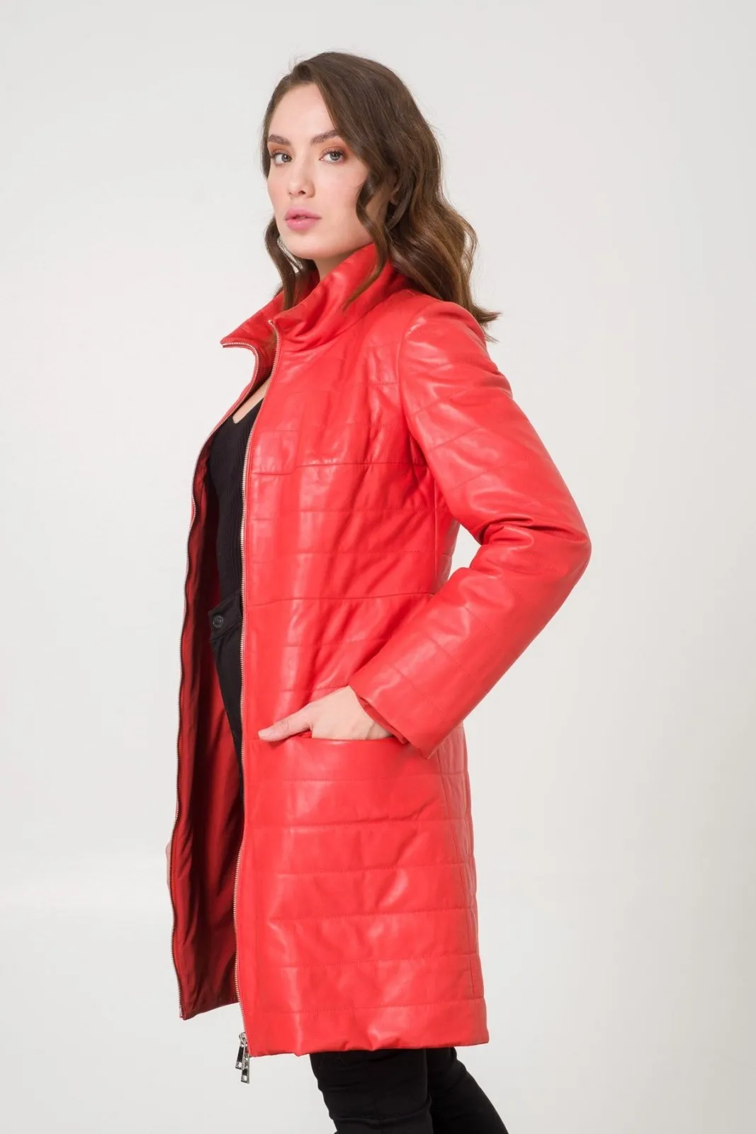 Coral Color Leather Coat