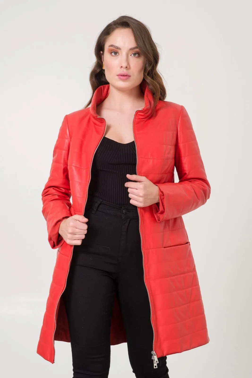 Coral Color Leather Coat