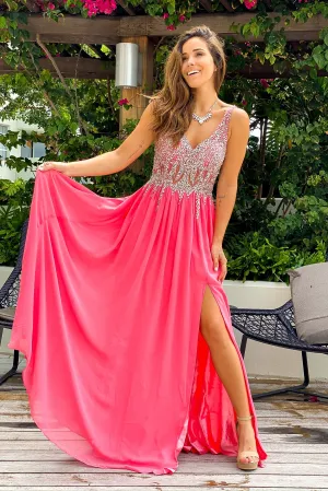 Coral Jeweled Top Maxi Dress with Side Slit