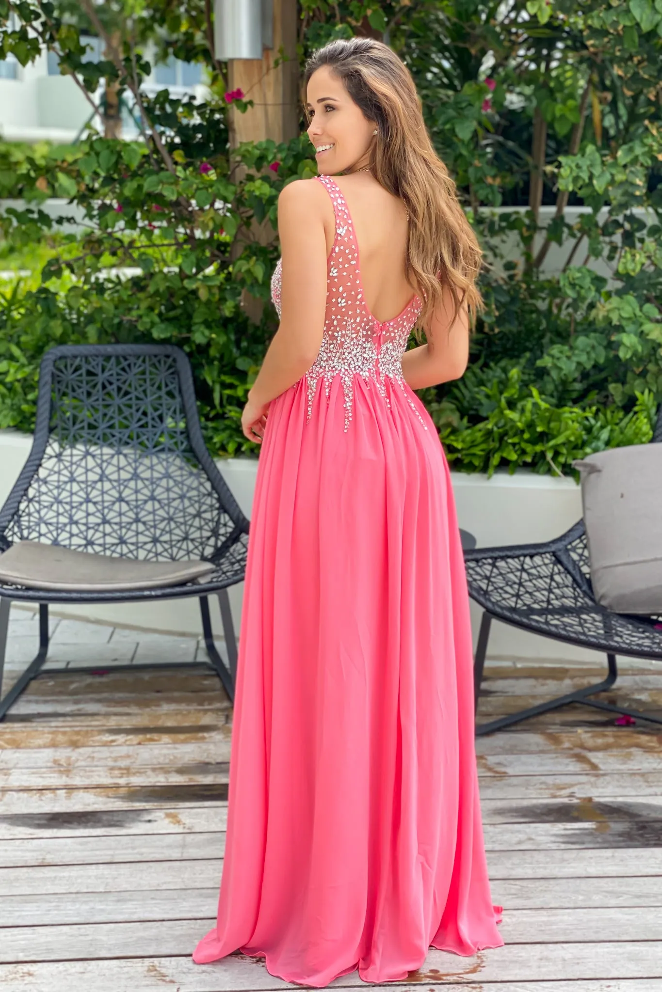 Coral Jeweled Top Maxi Dress with Side Slit