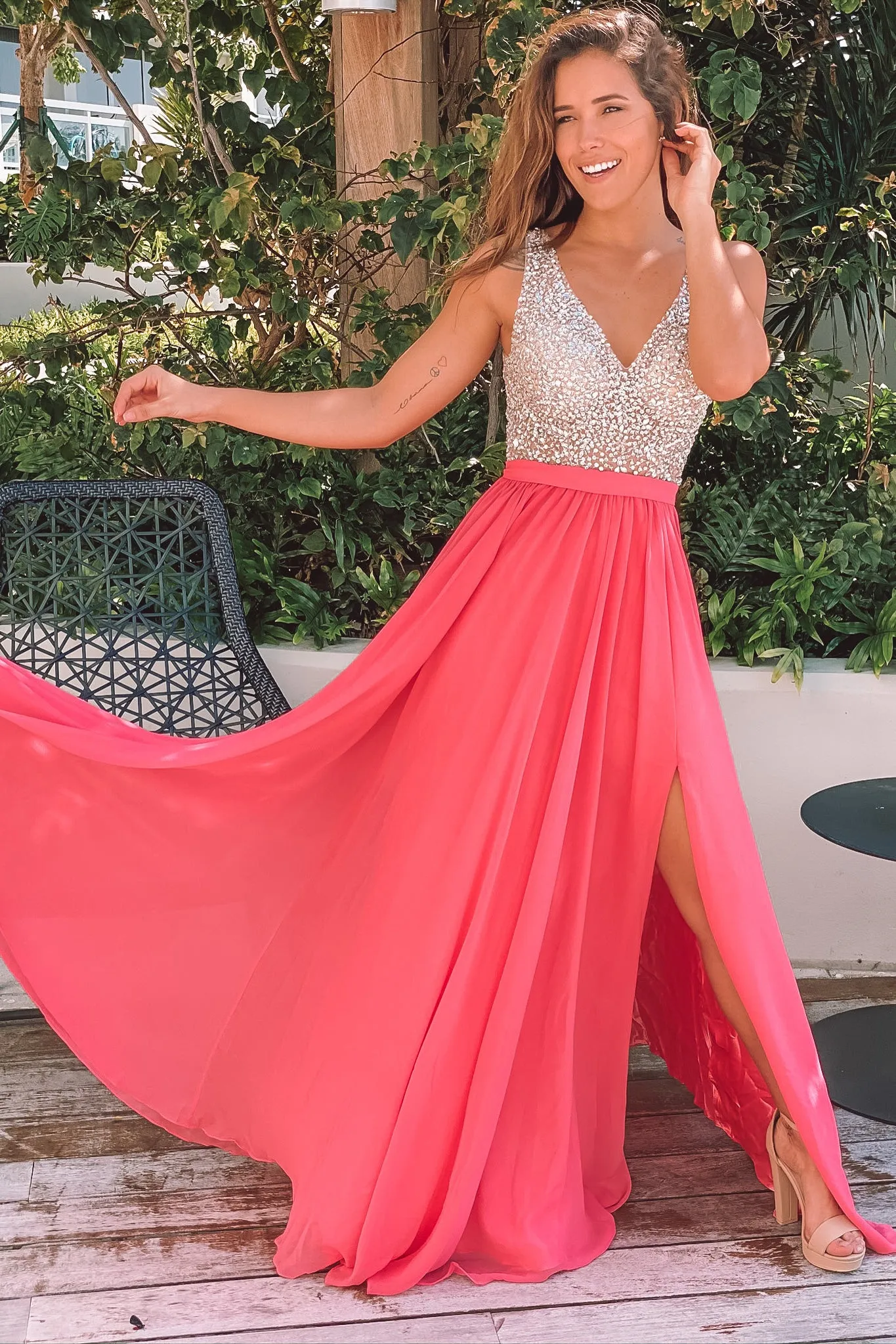 Coral Maxi Dress with Silver Jewels