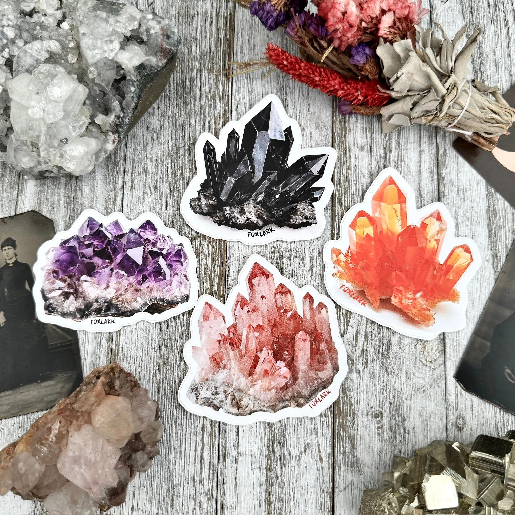 Crystal Sticker Set Amethyst, Rose Quartz, Smoky Quartz, Tangerine Quartz Stickers