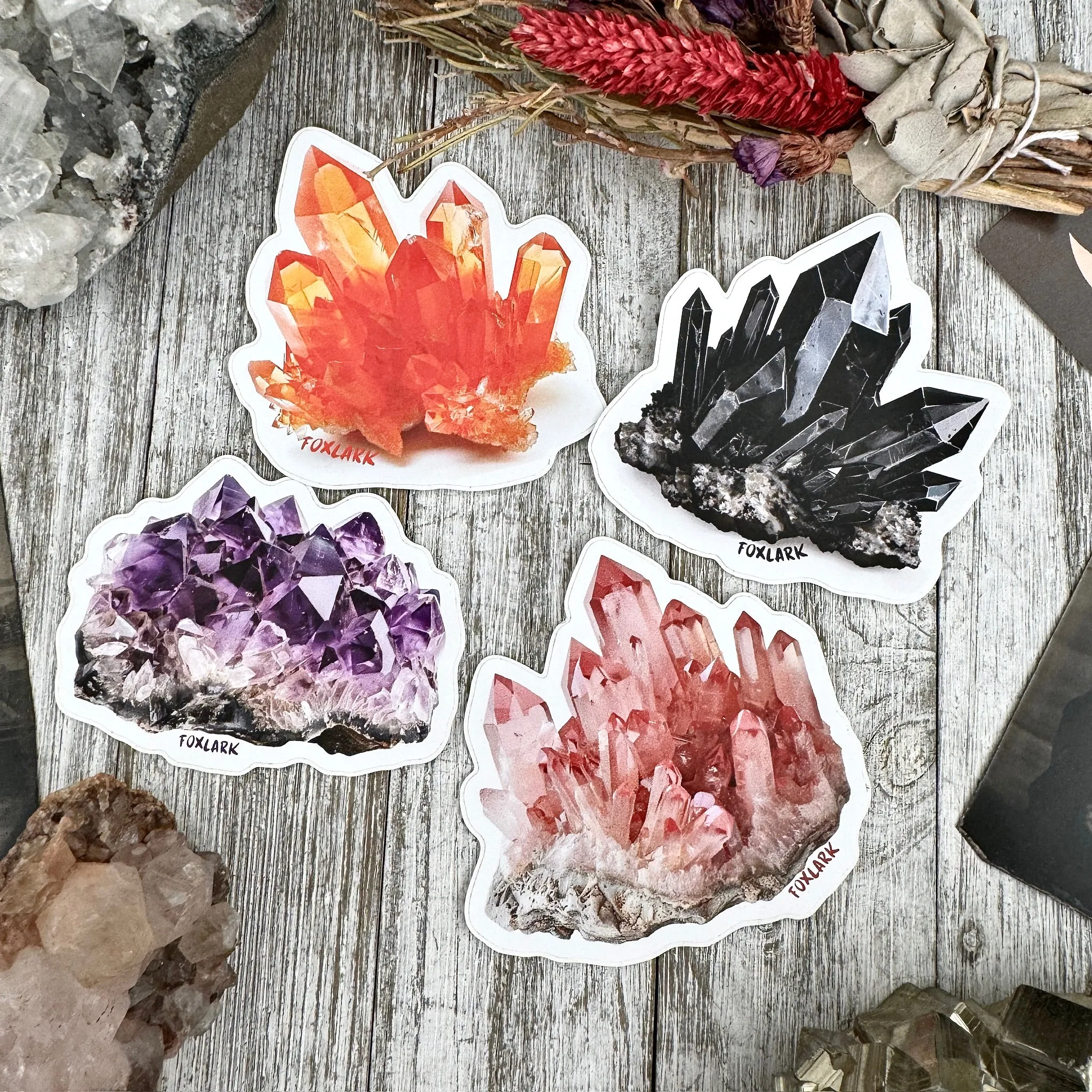 Crystal Sticker Set Amethyst, Rose Quartz, Smoky Quartz, Tangerine Quartz Stickers